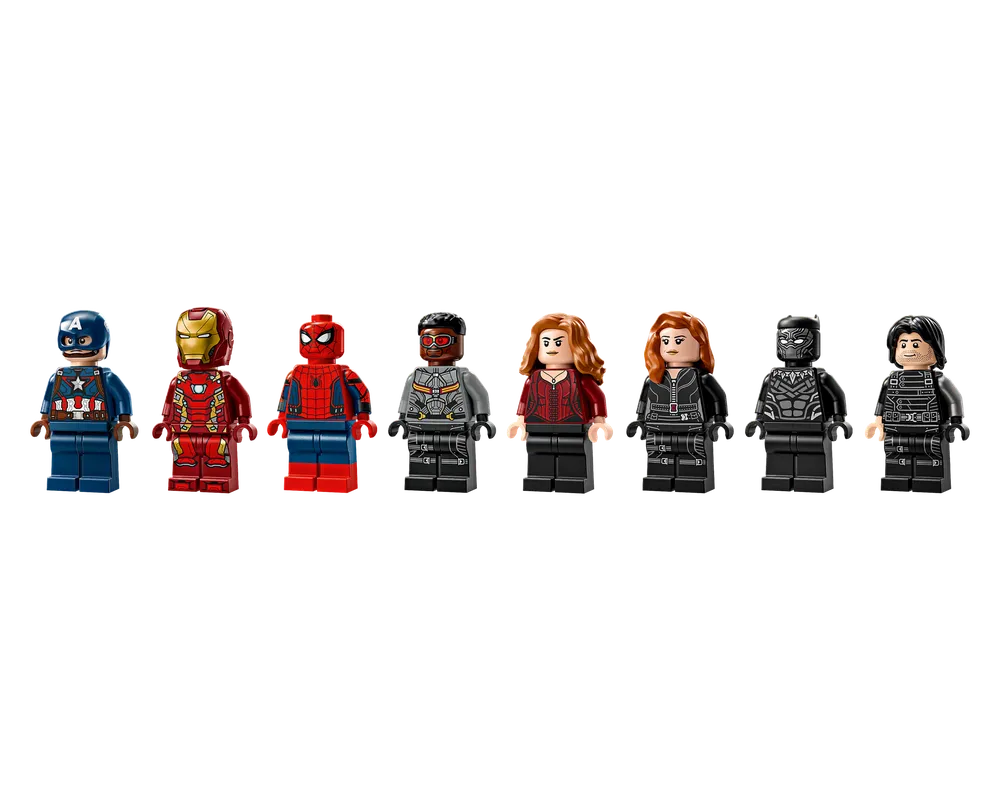 Eight LEGO Super Heroes minifigures including Captain America, Iron Man, Spider-Man, Falcon, Scarlet Witch, Black Widow, Black Panther, and Winter Soldier.
