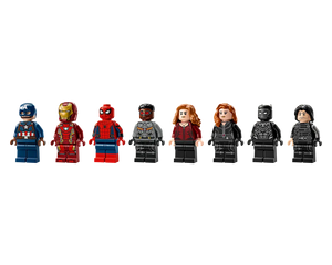 Eight LEGO Super Heroes minifigures including Captain America, Iron Man, Spider-Man, Falcon, Scarlet Witch, Black Widow, Black Panther, and Winter Soldier.