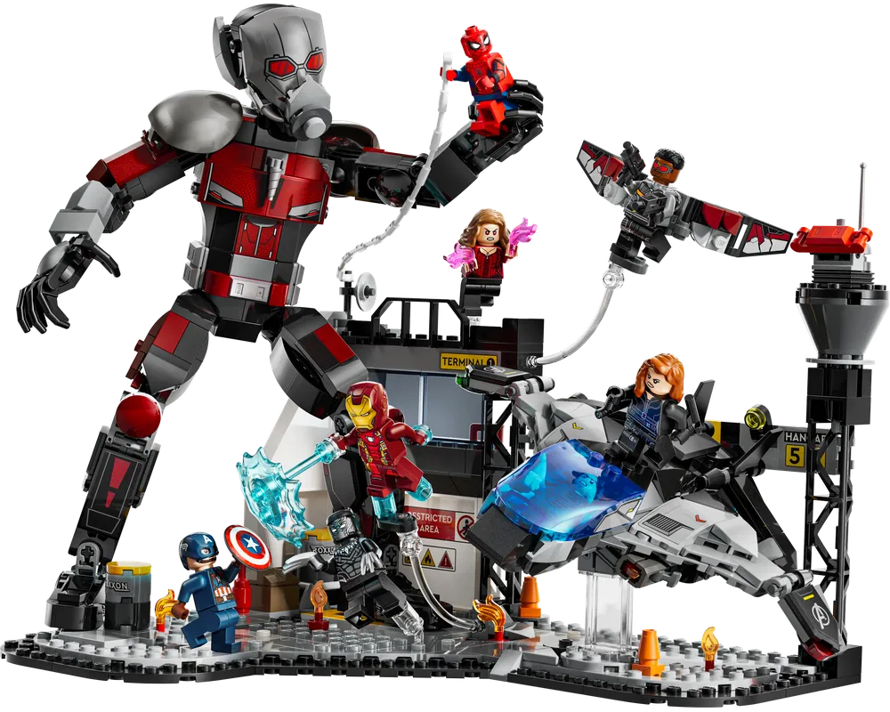 LEGO Super Heroes 76314 Captain America: Civil War Battle set featuring Giant-Man and 7 minifigures battling.