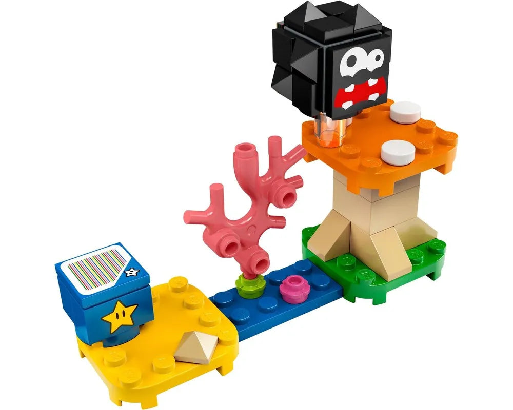 LEGO Super Mario 30389 - Fuzzy & Mushroom Platform featuring a Fuzzy enemy, mushroom platform, pink coral, and blue block.