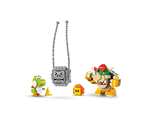 LEGO Super Mario figures: Yoshi, a Thwomp, Bowser, and a Spiny-like enemy with a banana.
