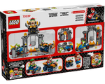 Back of LEGO Super Mario 72039 Bowser's Castle box showing castle, Bowser, Yoshi, Luigi, and Mario in karts with action features.