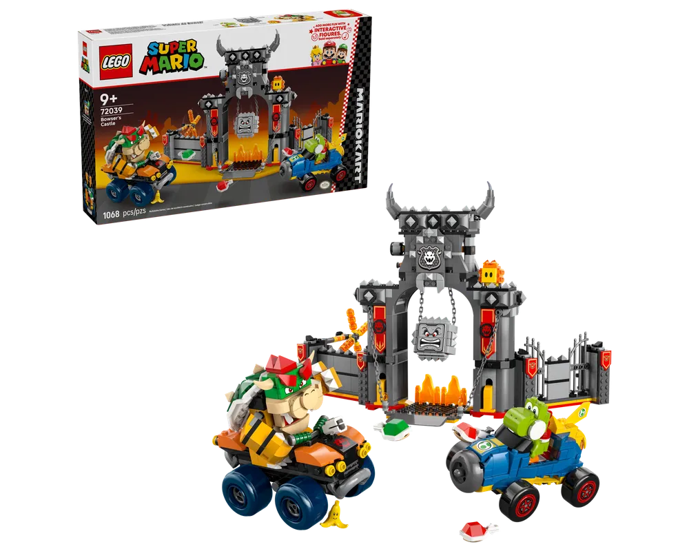 LEGO Super Mario 72039 Bowser's Castle set with Bowser and Yoshi karts, and the castle structure, shown with its box.
