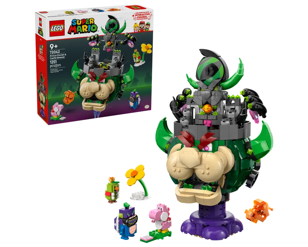 LEGO Super Mario 72042 Prince Florian & Castle Bowser Expansion Set: a large green Bowser castle, Prince Florian, Pink Yoshi, and accessories.