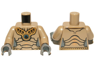 Two tan LEGO torsos with gold, black, and blue Geonosian patterns on the front and back. Features tan arms and dark bluish gray hands.