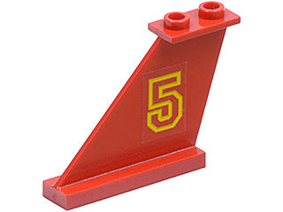 Red LEGO tail fin 4x1x3 with yellow number 5 sticker on the left side, featuring two top studs.