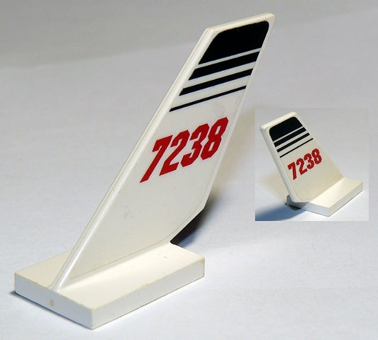 White LEGO tail shuttle 6239pb012 with red '7238' and black stripes pattern. Inset shows part from front.