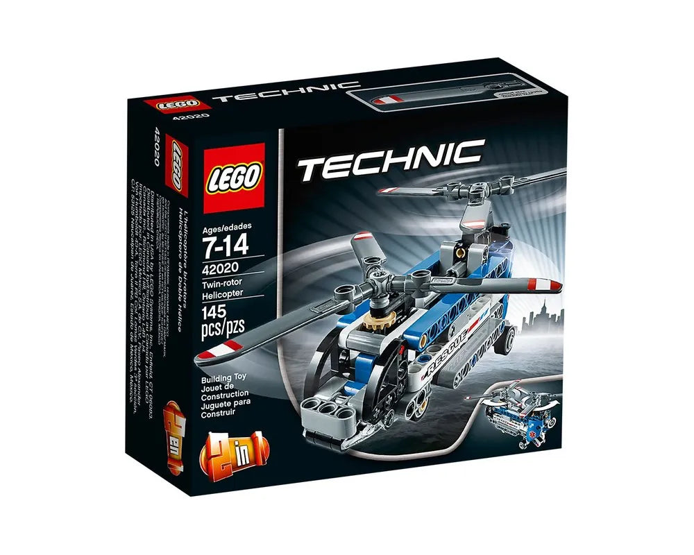 LEGO Technic 42020 Twin-rotor Helicopter set box featuring the blue and grey helicopter model, age 7-14, 145 pieces.