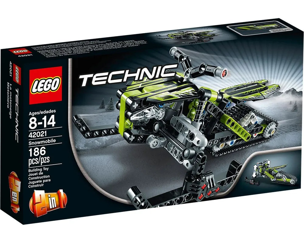 LEGO Technic 42021 Snowmobile set box. Features a green, black, and grey snowmobile model with skis and track.