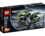LEGO Technic 42021 Snowmobile set box. Features a green, black, and grey snowmobile model with skis and track.