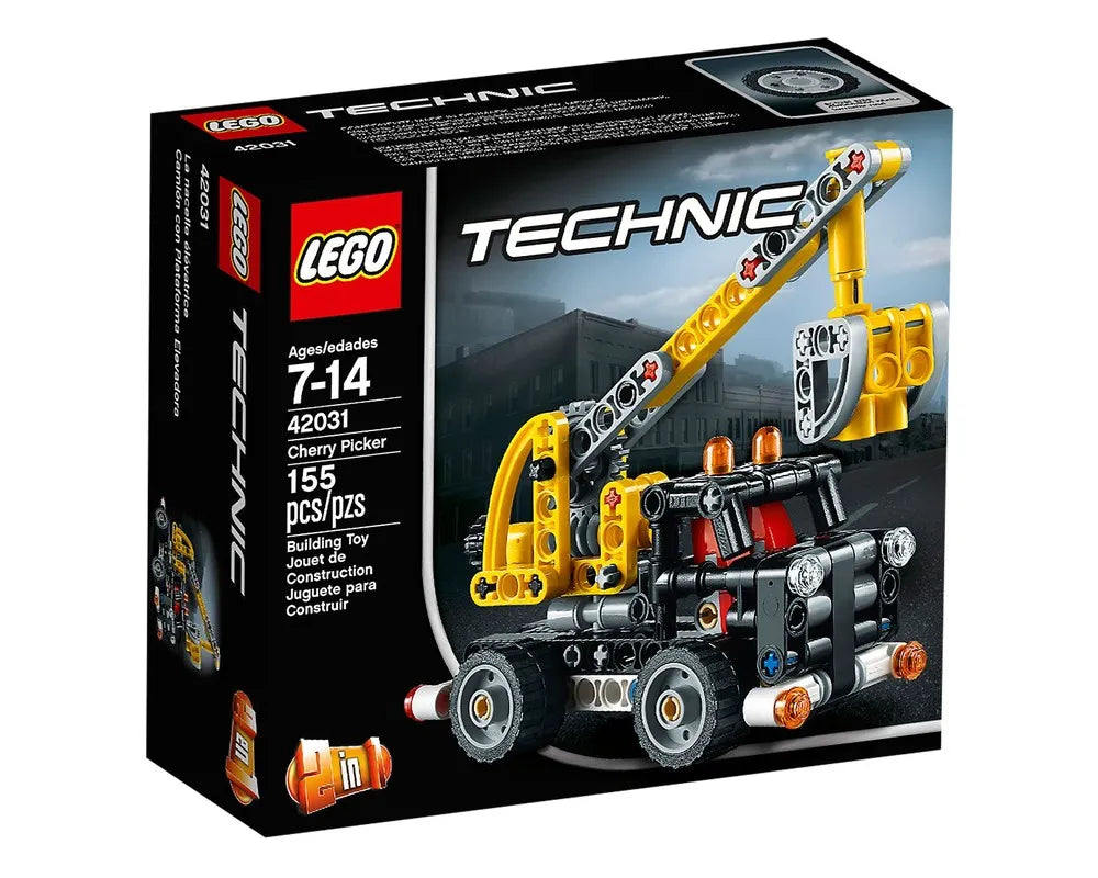 LEGO Technic 42031 Cherry Picker set box featuring a built yellow and black cherry picker model against a dark urban background.