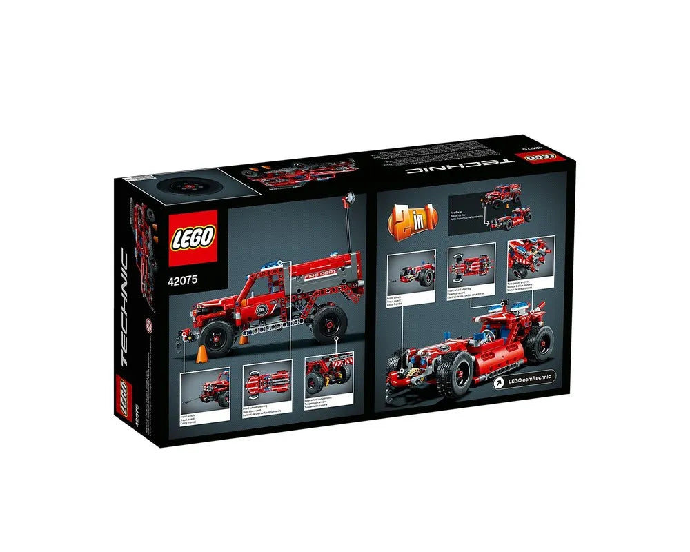 Back of LEGO Technic 42075 First Responder box showing the fire truck, alternate racing car model, and features.