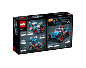 Back of LEGO Technic 42077 Rally Car box showing the rally car with hood open and the alternate buggy model.