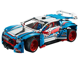 Blue, white, and red LEGO Technic Rally Car set 42077 viewed from a front-side angle on a white background.