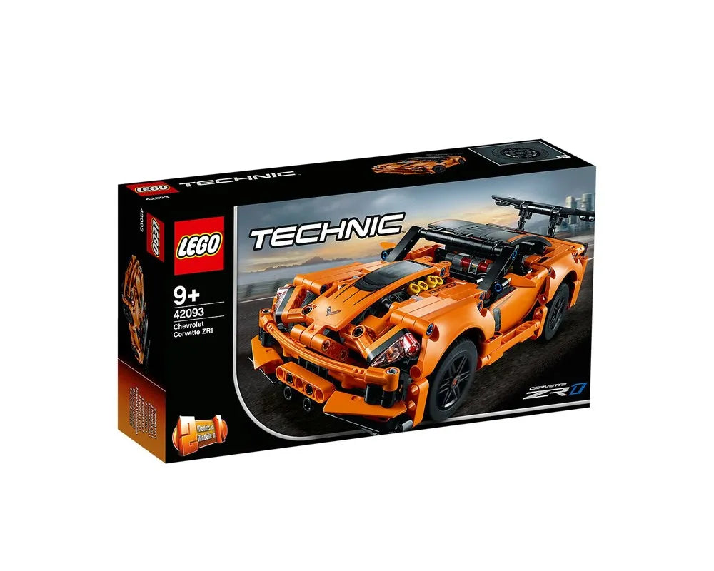 LEGO Technic 42093 Chevrolet Corvette ZR1 set box featuring the orange sports car model.