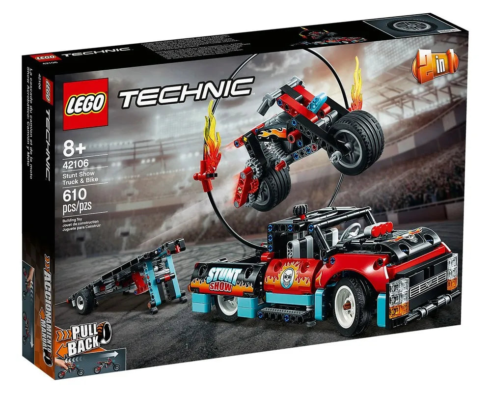 LEGO Technic 42106 Stunt Show Truck & Bike set box showing a red and black monster truck, stunt motorcycle, and ramp.