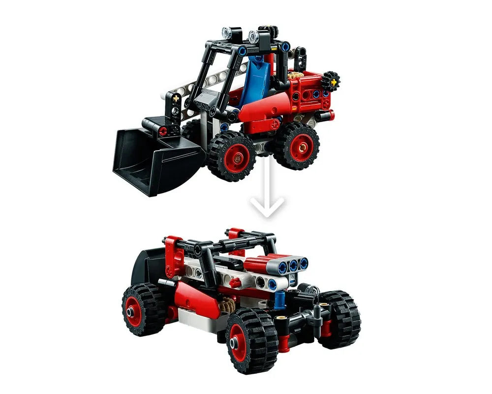 LEGO Technic 42116 Skid Steer Loader and its alternative build, a red and black buggy, on a white background.