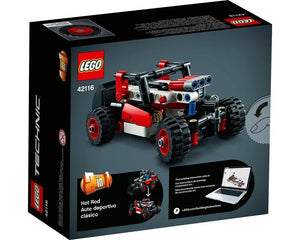 Back of LEGO Technic 42116 box displaying the Hot Rod and Skid Steer Loader models, with instructions details.