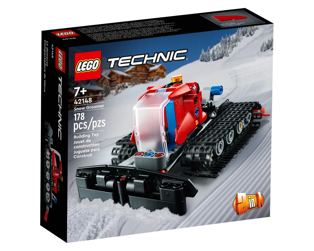 LEGO Technic 42148 Snow Groomer set box. Red and black model with clear canopy on snowy mountain background.