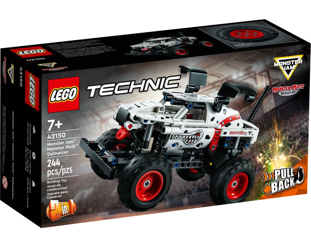 LEGO Technic 42150 Monster Jam Monster Mutt Dalmatian box showing the white, black, and red monster truck with pull-back function.