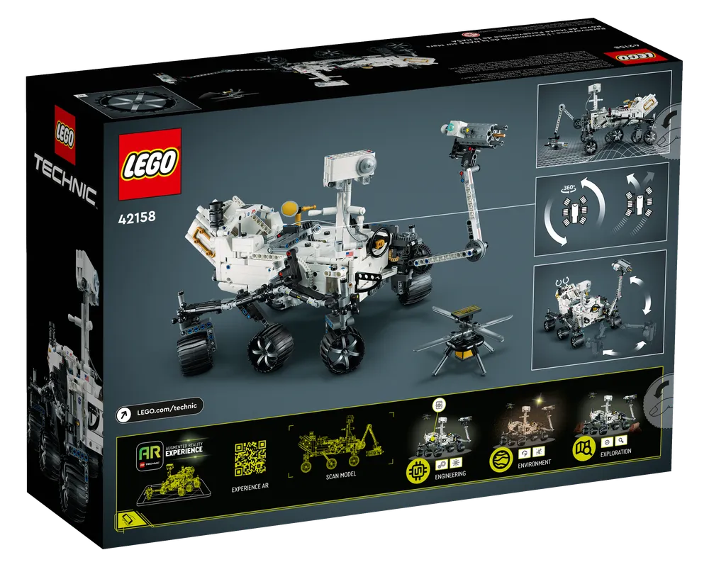 Back of LEGO Technic 42158 NASA Mars Rover Perseverance box, showing the white rover, its features, and a drone.