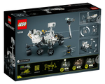 Back of LEGO Technic 42158 NASA Mars Rover Perseverance box, showing the white rover, its features, and a drone.