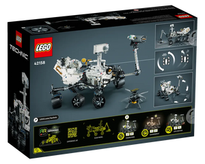 Back of LEGO Technic 42158 NASA Mars Rover Perseverance box, showing the white rover, its features, and a drone.