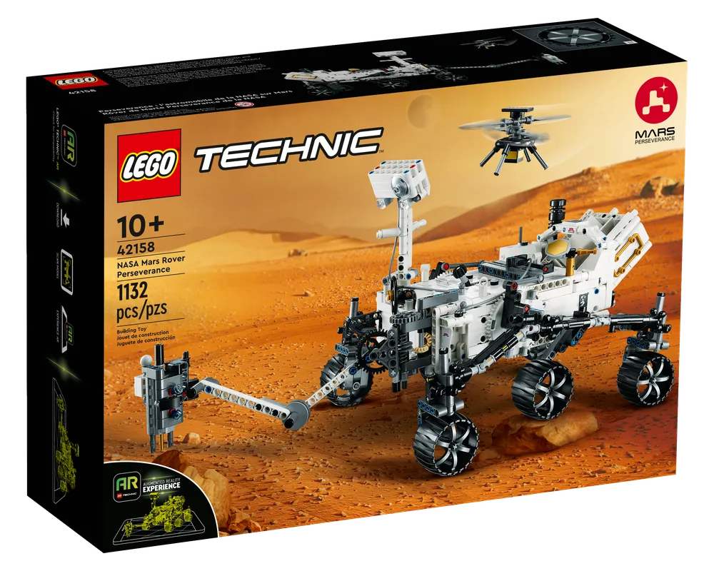 LEGO Technic 42158 NASA Mars Rover Perseverance box showing the built rover model and Ingenuity helicopter on Mars.