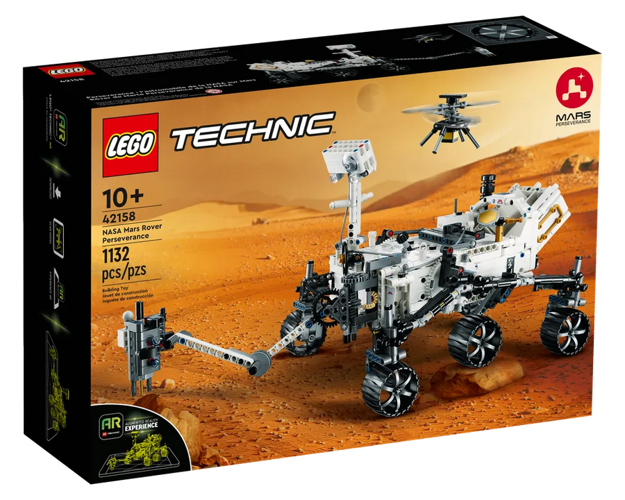 LEGO Technic 42158 NASA Mars Rover Perseverance box showing the built rover model and Ingenuity helicopter on Mars.