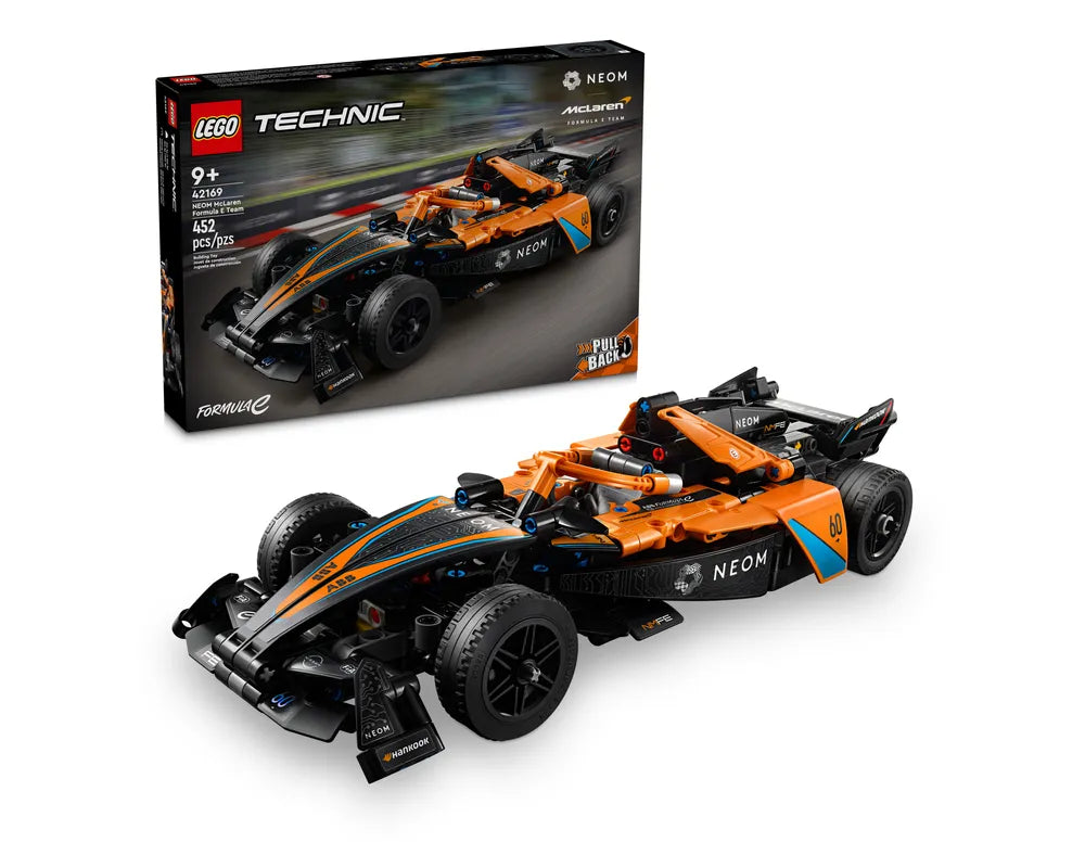 Orange and black LEGO Technic 42169 NEOM McLaren Formula E Team pull-back race car with its product box.