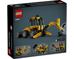 Back of LEGO Technic 42197 Backhoe Loader box showing the yellow vehicle with front loader and rear digging arm.