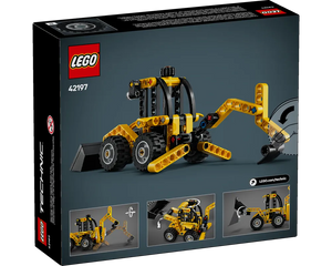 Back of LEGO Technic 42197 Backhoe Loader box showing the yellow vehicle with front loader and rear digging arm.