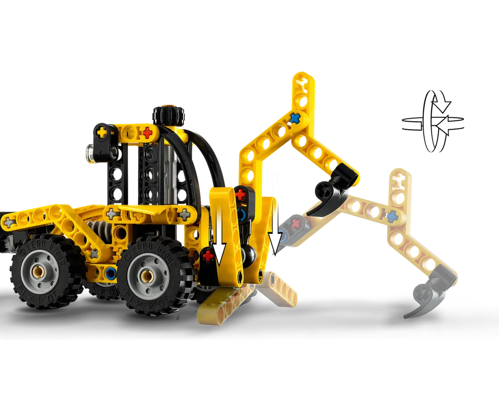 A yellow LEGO Technic 42197 Backhoe Loader with an extended front loader arm and faded rear arm, showing movement arrows.