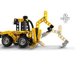 A yellow LEGO Technic 42197 Backhoe Loader with an extended front loader arm and faded rear arm, showing movement arrows.