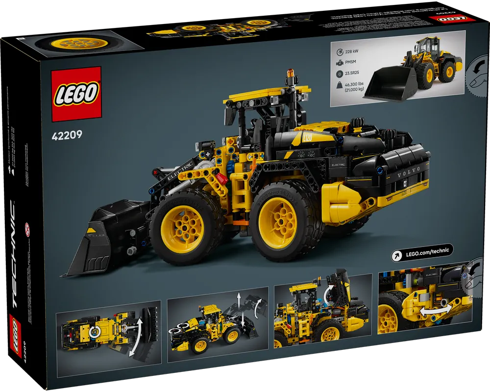 Back of LEGO Technic 42209 Volvo L120 Electric Wheel Loader box showing model and features.