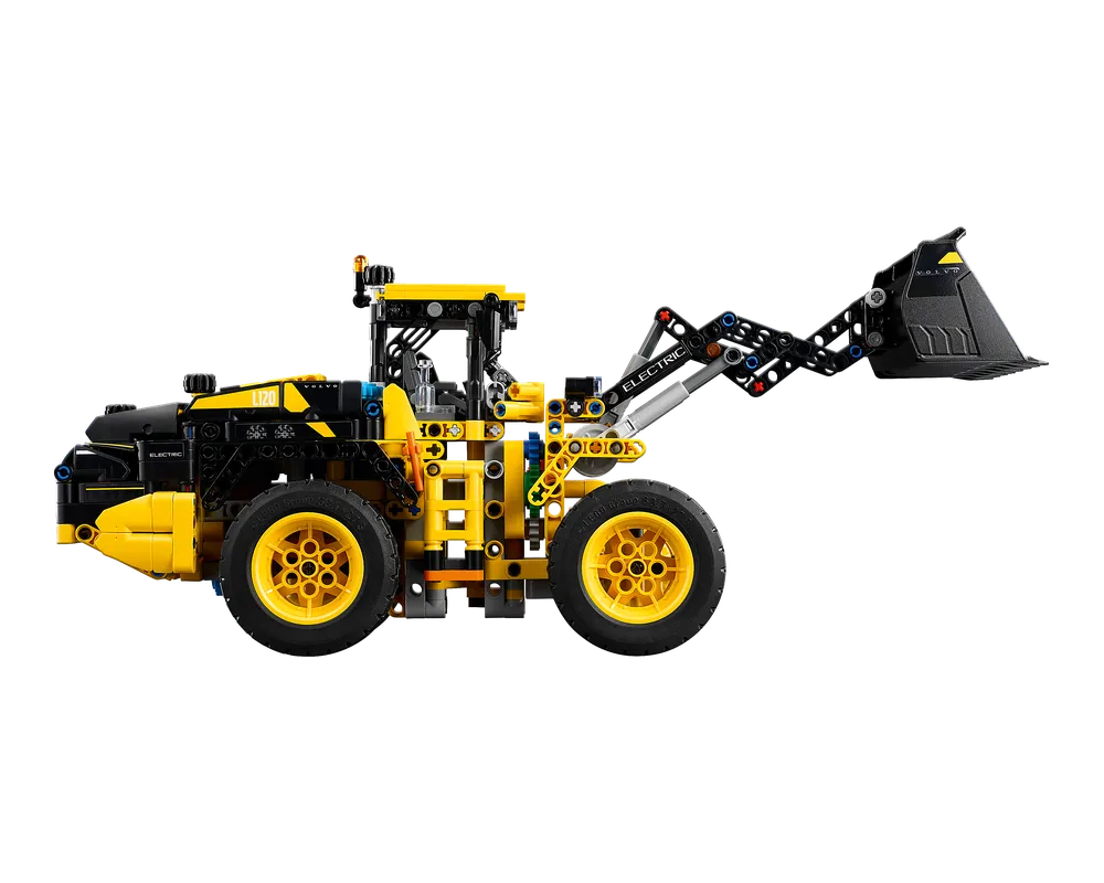 LEGO Technic 42209 Volvo L120 Electric Wheel Loader, yellow and black, side view with raised bucket.
