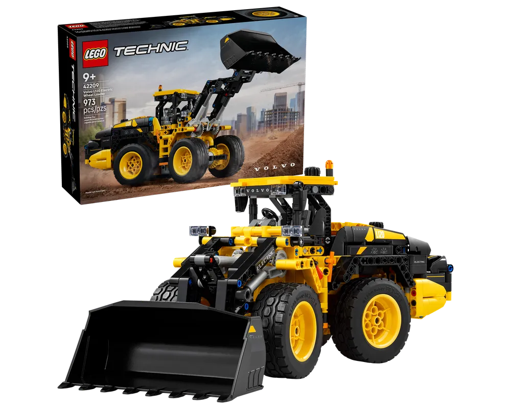 LEGO Technic 42209 Volvo L120 Electric Wheel Loader set box and built yellow and black model.
