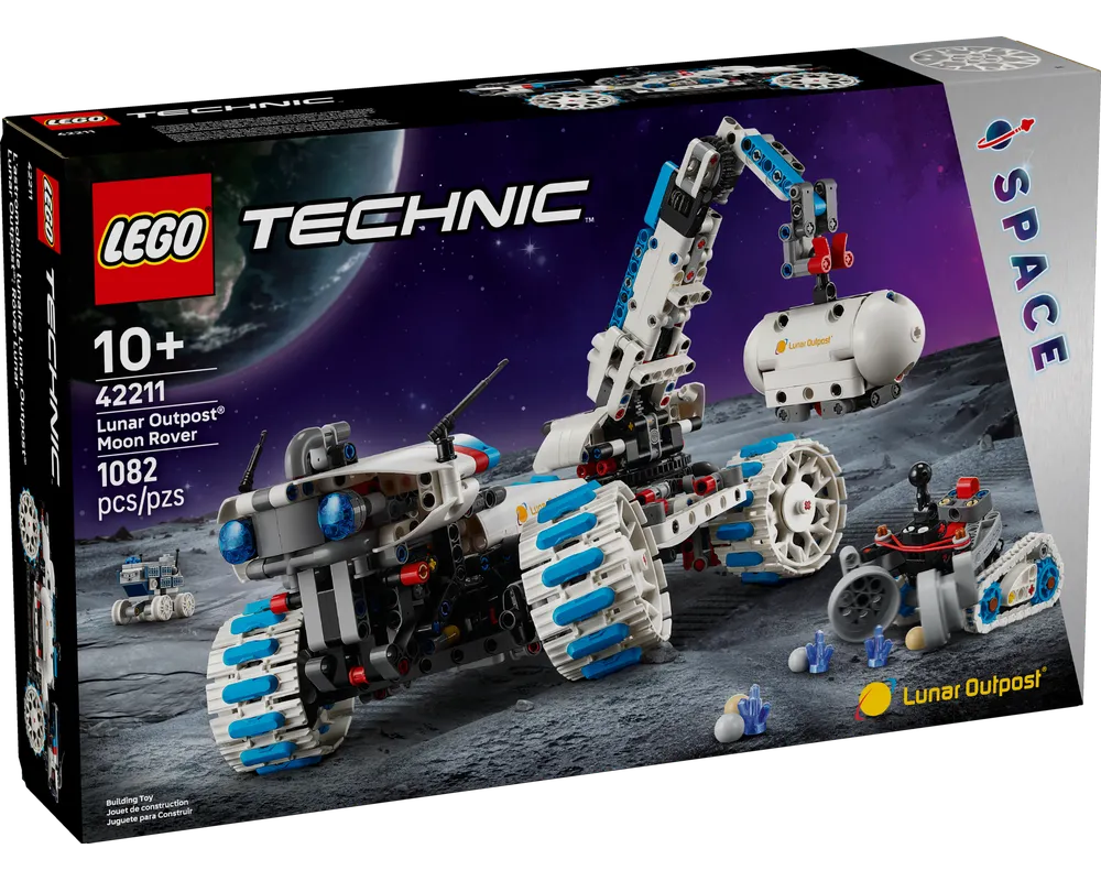 LEGO Technic 42211 Lunar Outpost Moon Rover set box showing the assembled white and blue rover on a moon surface.
