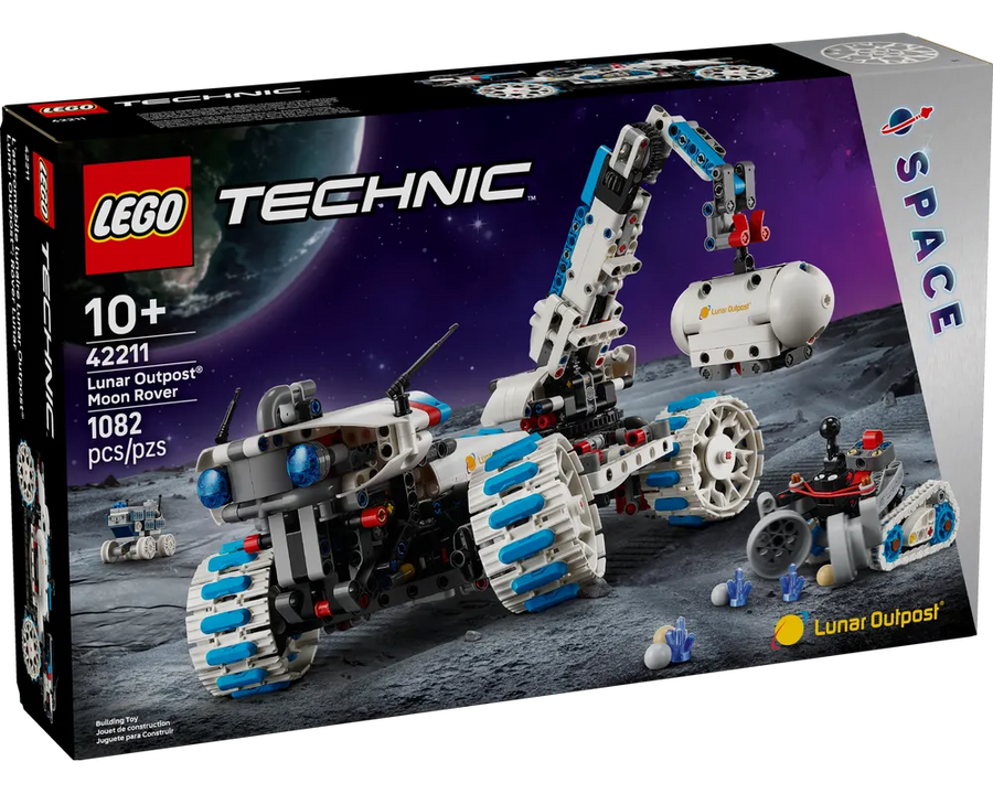 LEGO Technic 42211 Lunar Outpost Moon Rover set box showing the assembled white and blue rover on a moon surface.