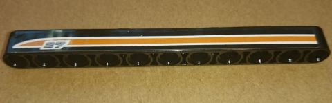 LEGO Technic 1x11 black liftarm with 27, orange and white stripes, left side