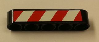 Black LEGO Technic Liftarm Thick 1x5 with red and white diagonal danger stripes sticker. Part 32316pb014L.