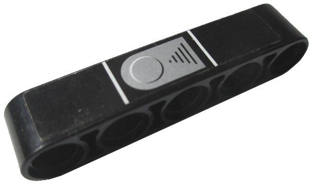 Black LEGO Technic Liftarm Thick 1 x 5 with a silver belt buckle pattern sticker.