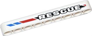 White LEGO Technic 1x9 thick liftarm with 'RESCUE' text and red/blue diagonal stripes pattern, right side.