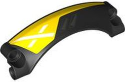 LEGO Technic panel car mudguard, arched, black with yellow section, white X pattern and dark silver air vents.