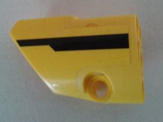 Yellow LEGO Technic fairing #1 small smooth short panel with a black stripe pattern and pin hole.