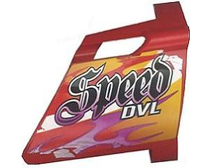 Red LEGO Technic Panel Fairing #22 with 'Speed DVL' text, flame graphics, and a small hole.