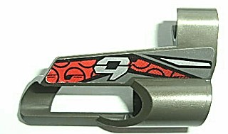 LEGO Technic fairing part 32527pb08, dark gray with silver number 9 and red and black pattern sticker from set 8354.