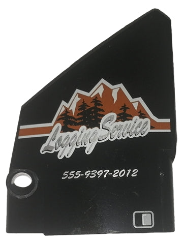 Black LEGO Technic panel with 'Logging Service' logo (mountains, trees) and '555-9397-2012' phone number pattern.