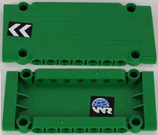 Green LEGO Technic panel plate 5 x 11, shown with chevrons on one side and a World Racers logo on the other.