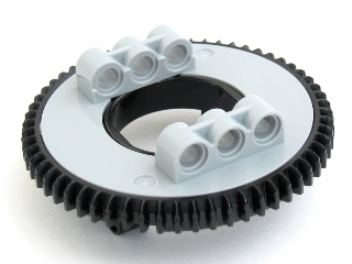 LEGO Technic 60-tooth turntable 18939c01 with a black gear ring, light gray top, and two attached light gray triple pinhole beams.